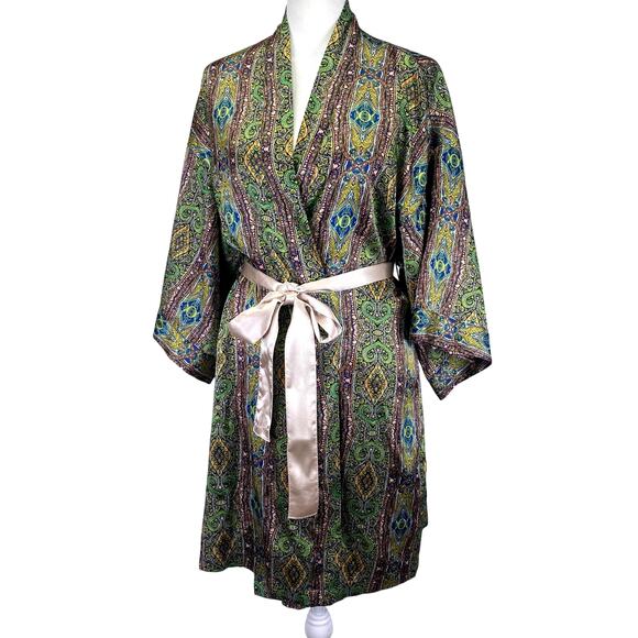 VICTORIAS SECRET Paisley Kimono Robe Geometric Multicolor Satin Womens Sz XS NWT - Picture 1 of 10